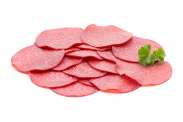 Salami smoked sausage one slice isolated on white background cut