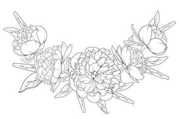 Peony rose flowers laurel foliage garland vector design element. Black and white sketch outline drawing. Spring summer floral romantic vintage bouquet decoration.
