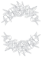 Spring summer peony rose blooming flowers vintage border frame template. Floral laurels foliage garland vector design element. Black and white outline sketch drawing.