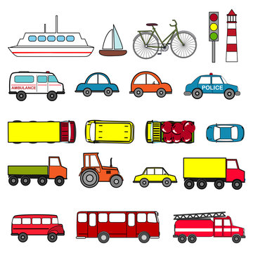 Cars and vehicles transport vector set.