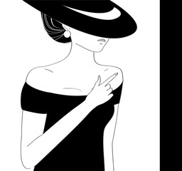 Fashion woman model with a black hat  - vector illustration. Portrait of young girl. Pose. Retro style.
