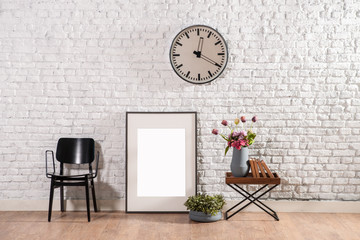 modern interior brick wall style and black chair frame and clock