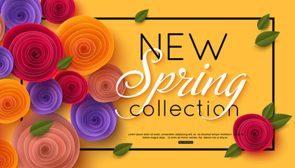 Spring banner with paper flowers for online shopping, advertising actions, magazines and websites. Vector illustration.
