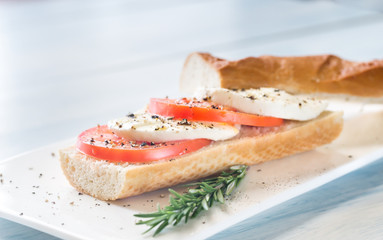 Sandwich with sliced fresh tomatoes and mozzarella