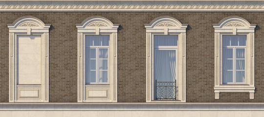 Framing of windows in classic style on the brick wall of brown color. 3d rendering.