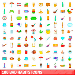 100 bad habits icons set, cartoon style
