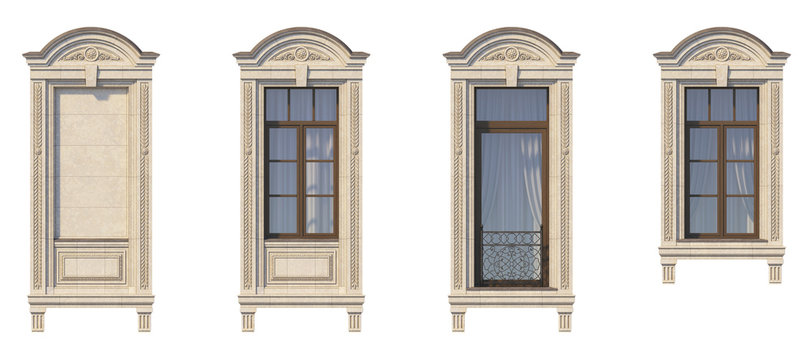 Framing of windows in classic style on the stone. 3d render.