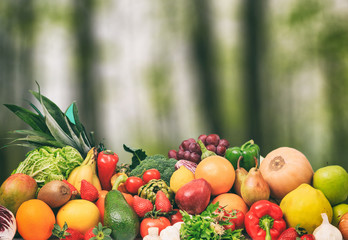 Variety of fruits and vegetables on nature background