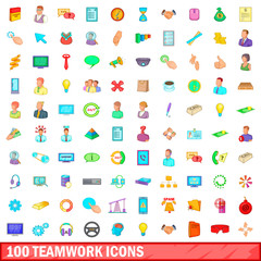 100 teamwork icons set, cartoon style
