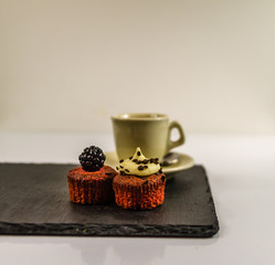 two sweet cupcakes, blackberry and creamy chocolate background d