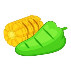 Corncob and green paper icon, cartoon style