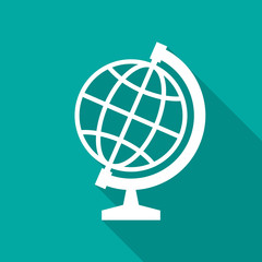 Globe icon with long shadow. Flat design style. Globe silhouette. Simple green icon. Modern flat icon in stylish colors. Web site page and mobile app design vector element.