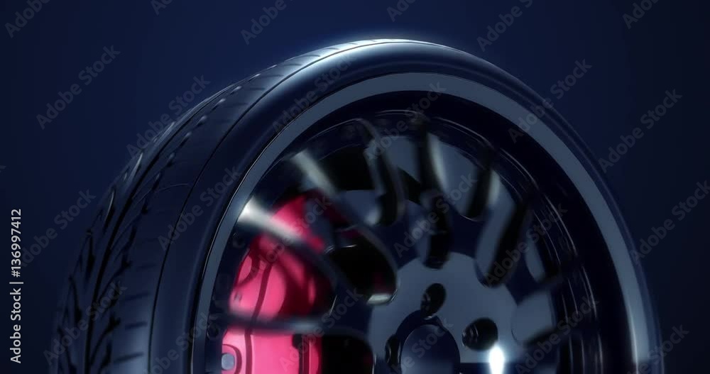 Wall mural Sport car wheel in fast motion. Cg animation with seamless loop