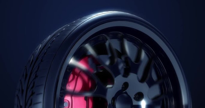 Sport car wheel in fast motion. Cg animation with seamless loop