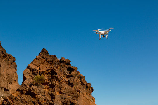 Drone DJI Phantom 4 in flight in Tenerife, Spain