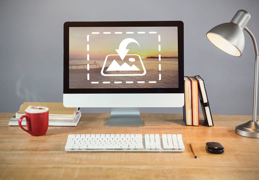 Desktop Computer on Wooden Desk Mockup