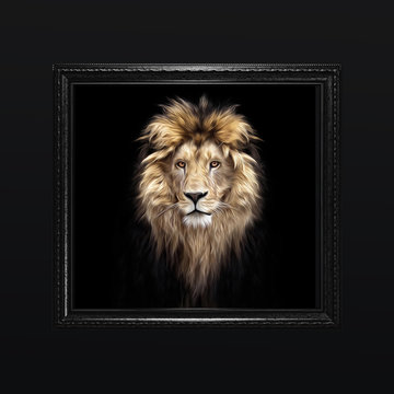 Portrait of a Beautiful lion, lion in the dark, oil paints, soft