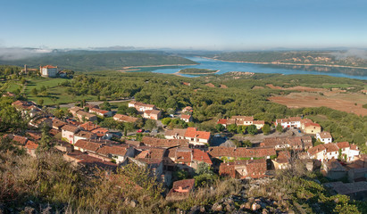 Fototapeta na wymiar The village of Aiguines panorama, Provence-Alpes-Côte d'Azur,