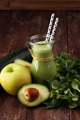 Healthy green smoothie and ingredients - superfoods, detox, diet