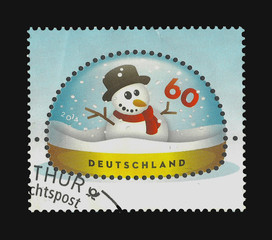 Postage Stamp : Germany 2014 , a Snowman in a Snow Dome 