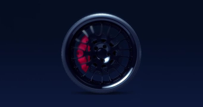 Single sport car wheel speeding. Cg animation with seamless loop