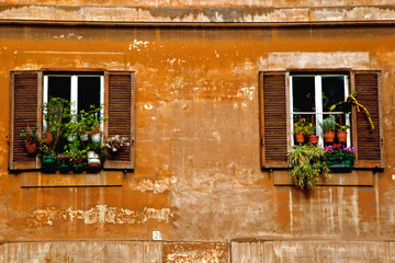 Two windows on a vintage wall