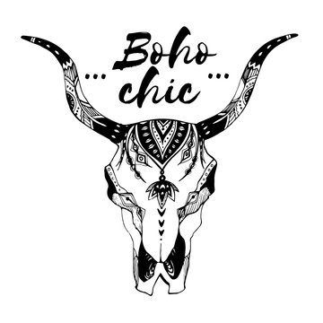 Boho chic image Fashion illustration Wild skull with flowers Boho style For t-shirt, invitation, posters