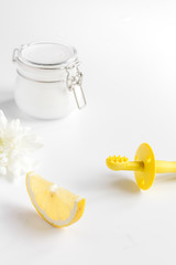 natural organic cosmetics with herbs for baby on white background