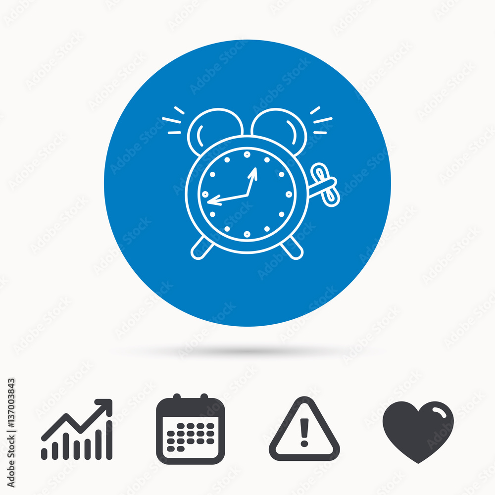Poster alarm clock icon. mechanical retro time sign. watch with bell symbol. calendar, attention sign and g