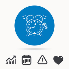 Alarm clock icon. Mechanical retro time sign. Watch with bell symbol. Calendar, attention sign and growth chart. Button with web icon. Vector