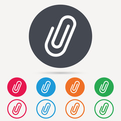 Attachment icon. Paper clip symbol. Round circle buttons. Colored flat web icons. Vector