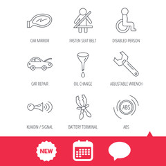 Car mirror repair, oil change and wrench tool icons. ABS, klaxon signal and fasten seat belt linear signs. Disabled person icons. New tag, speech bubble and calendar web icons. Vector