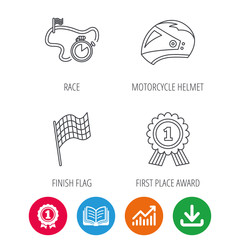 Race flag, motorcycle helmet and award medal icons. Start or finish flag linear sign. Award medal, growth chart and opened book web icons. Download arrow. Vector