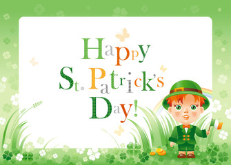 Happy Saint Patrick day. Irish dress baby boy border flyer, isolated white background. Shamrock clover frame, rainbow, green grass. Traditional Northern Ireland celtic holiday. Text logo letter poster