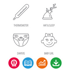 Thermometer, diapers and sleep hat icons. Baby girl linear sign. Award medal, growth chart and opened book web icons. Download arrow. Vector