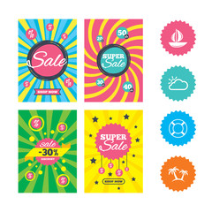 Travel icons. Sail boat with lifebuoy signs.