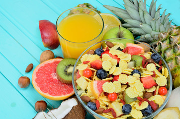 cornflake with fruit on table