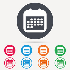 Calendar icon. Events reminder symbol. Round circle buttons. Colored flat web icons. Vector