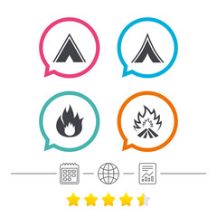 Tourist camping tent signs. Fire flame icons.