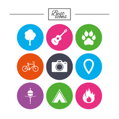 Tourism, camping icons. Fishing, fire and bike.