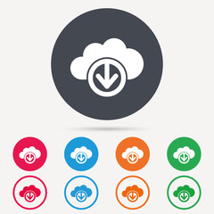 Download from cloud icon. Data storage technology symbol. Round circle buttons. Colored flat web icons. Vector
