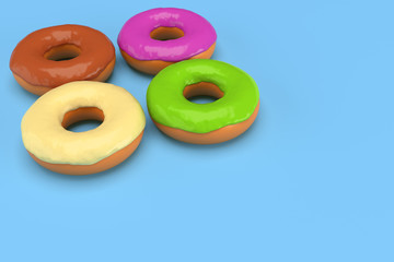 Four colored donuts on blue background with copy space 3d rendering