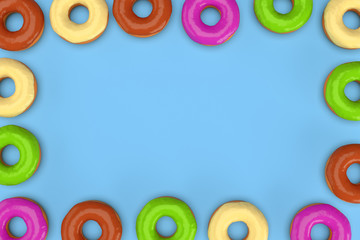 Fototapeta premium Frame of colorful donuts on blue background. 3d rendering