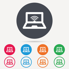 Computer with wifi icon. Notebook or laptop pc symbol. Round circle buttons. Colored flat web icons. Vector