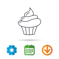 Cupcake icon. Dessert cake sign. Delicious bakery food symbol. Calendar, cogwheel and download arrow signs. Colored flat web icons. Vector