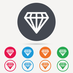Diamond icon. Jewelry gem symbol. Brilliant jewel sign. Round circle buttons. Colored flat web icons. Vector