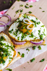 Open sandwiches with egg and cheese on a wooden background
