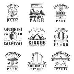 Amusement park set of vector vintage emblems, labels, badges, logos