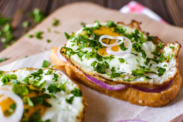 Open sandwiches with egg and cheese on a wooden background