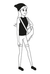 young woman standing hat backpack outline vector illustration eps 10